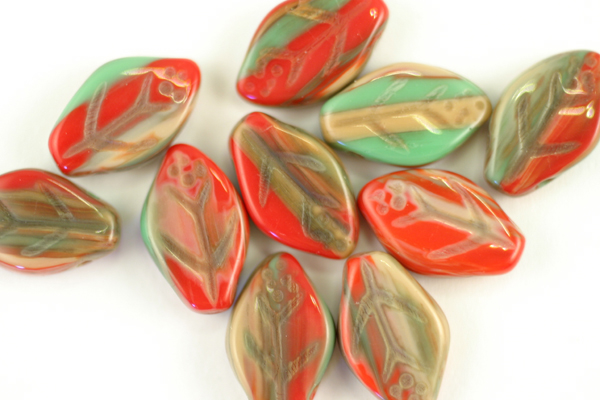 10pc 12x7mm HURRICANE GLASS RED GREEN TAN CZECH GLASS LEAVES BEADS CZ119-10